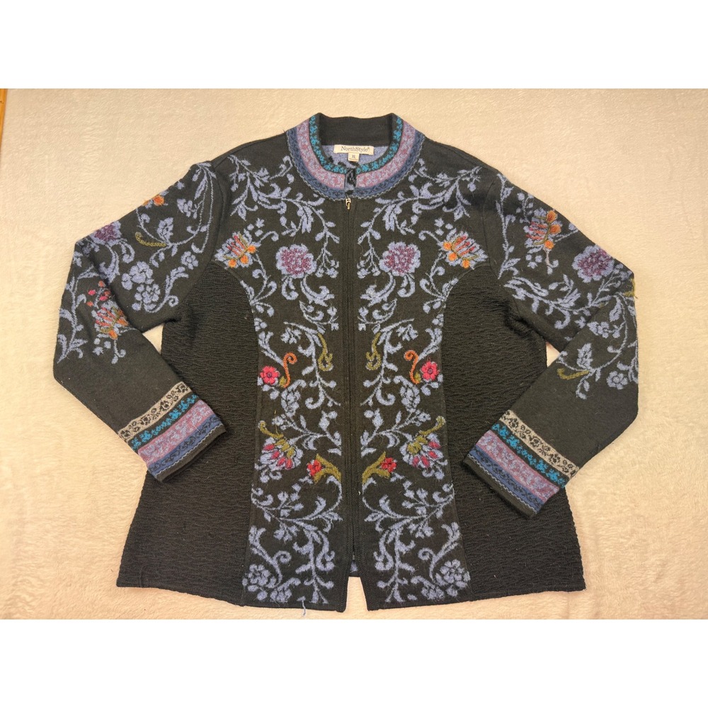 NorthStyle Alpaca Blend Floral Intarsia Full Zip Cardigan Sweater Black XL Peru